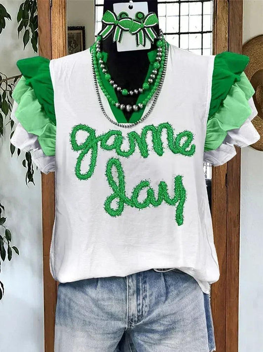 game day ruffle sleeve top - basil boutique