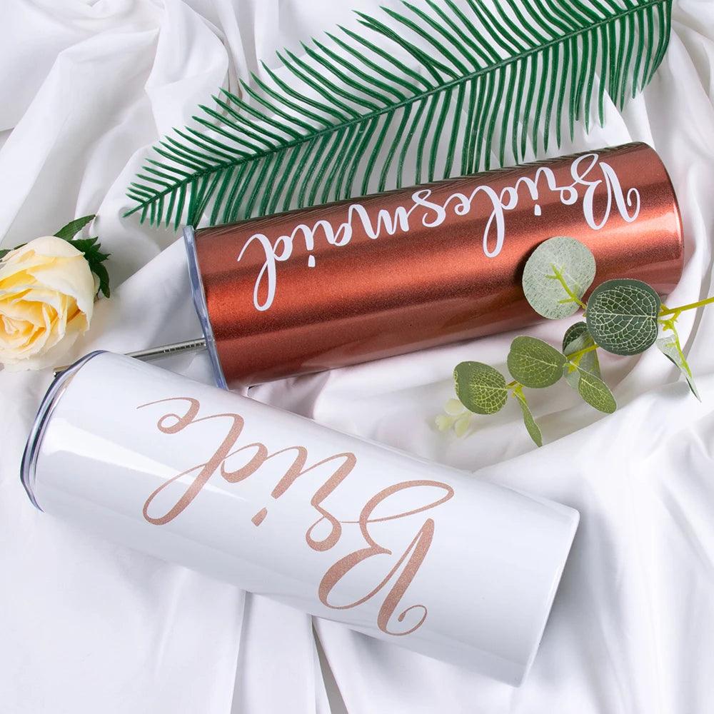 White Rose Gold Bride Bridesmaid Stainless Steel Wine Tumblers Wedding Gifts Bachelorette Party Supplies reusable water cup