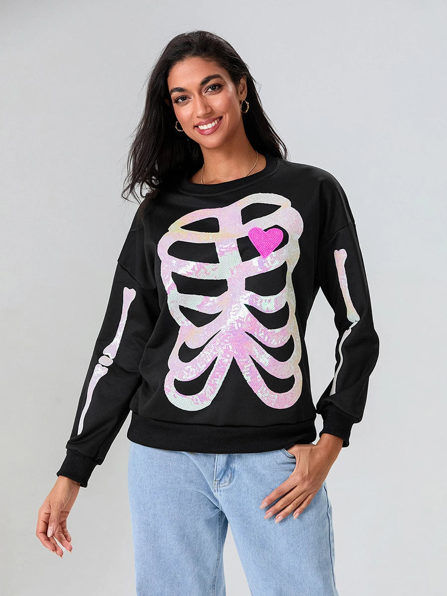 skeleton bones sequin crew sweater - basil boutique