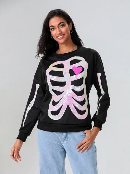 skeleton bones sequin crew sweater - basil boutique