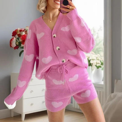 Xingqing Women Knitted Set y2k Clothes Heart Print V Neck Long Sleeve Cardigan Tops and Shorts Valentines Day Outfit Streetwear