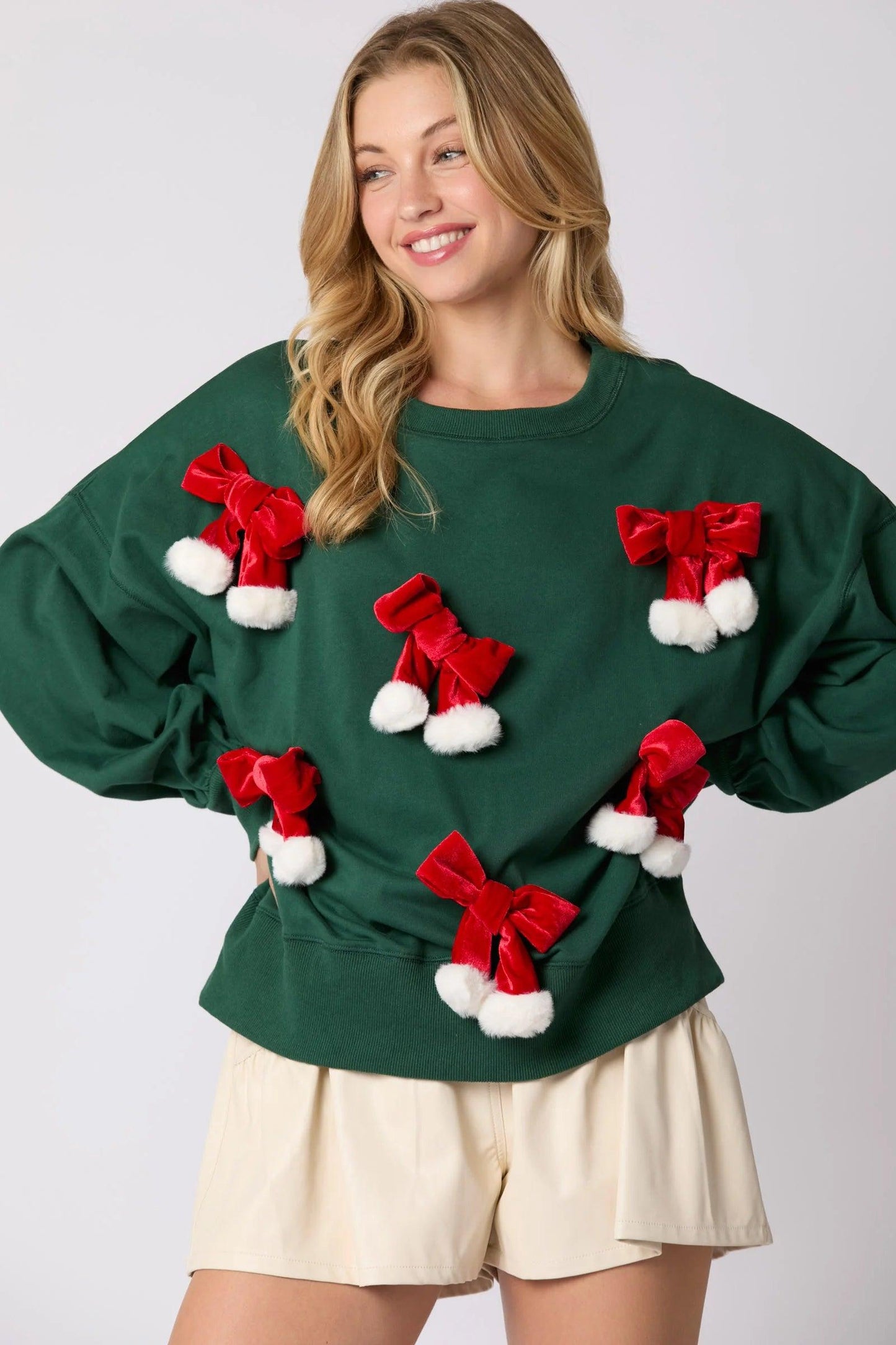 bows + poms holiday crew sweater - basil boutique