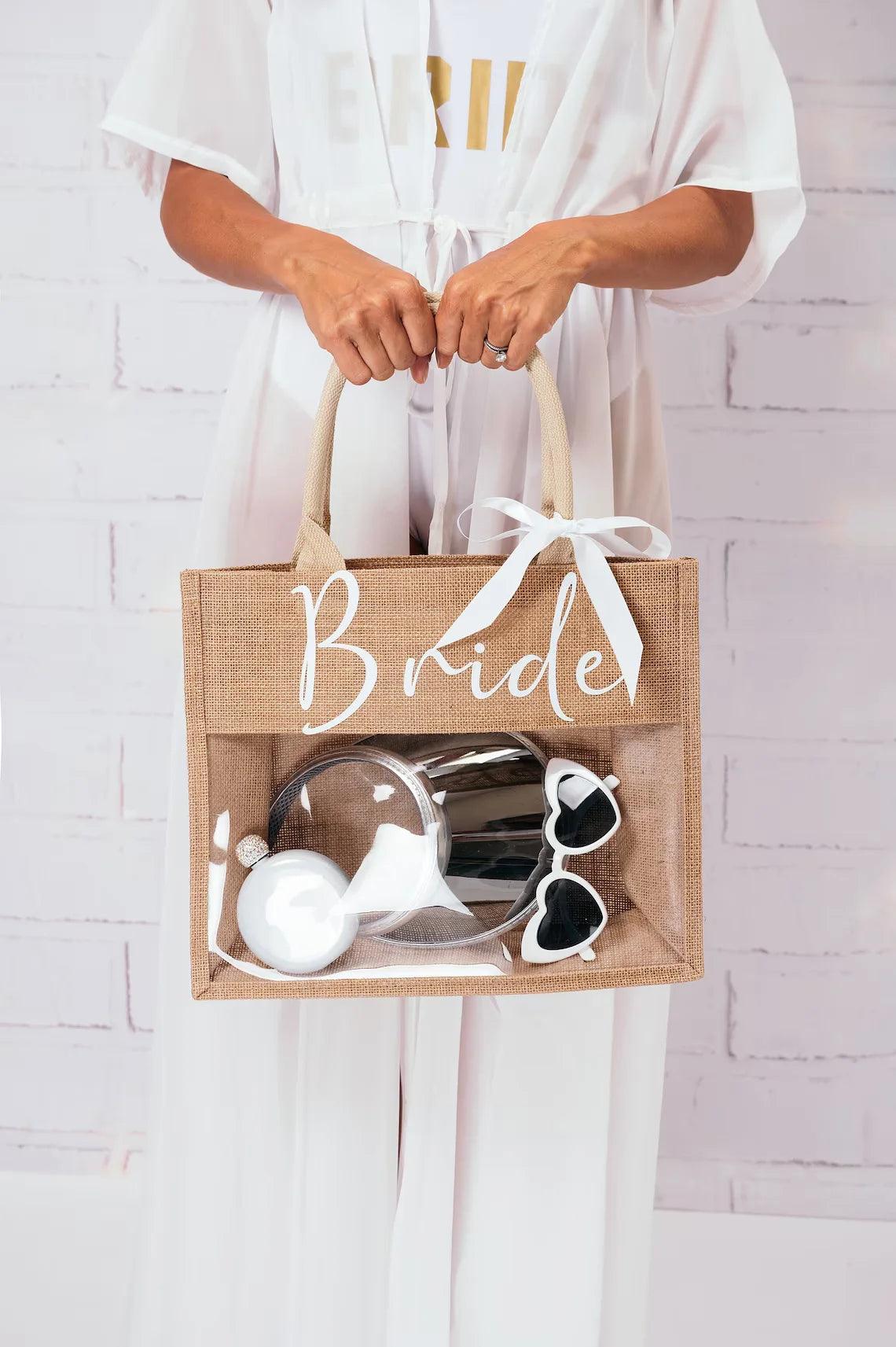 bride script burlap tote bag