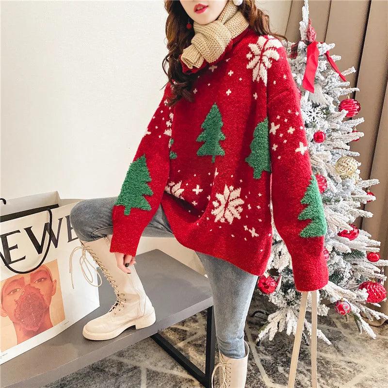 christmas trees knit crew sweater - basil boutique