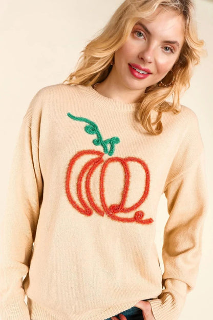 pumpkin tinsel crew sweater - basil boutique