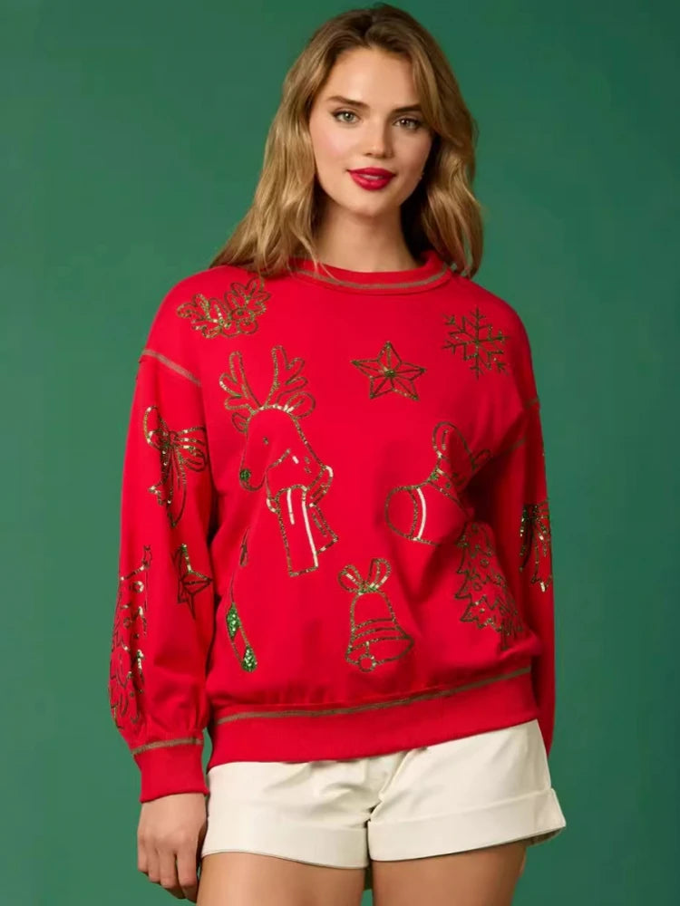 santa's reindeer sequin crew sweater