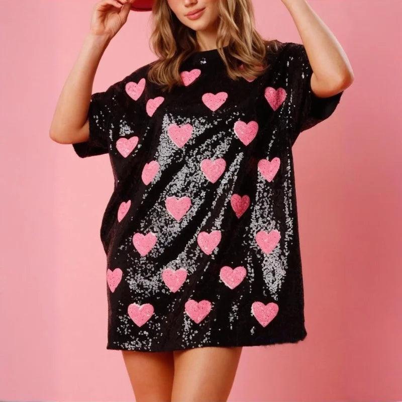 Xingqing y2k Party Dress Women Valentines Day Sequins Heart Print Round Neck Half Sleeve Short Mini Dress Fashion Club Dresses