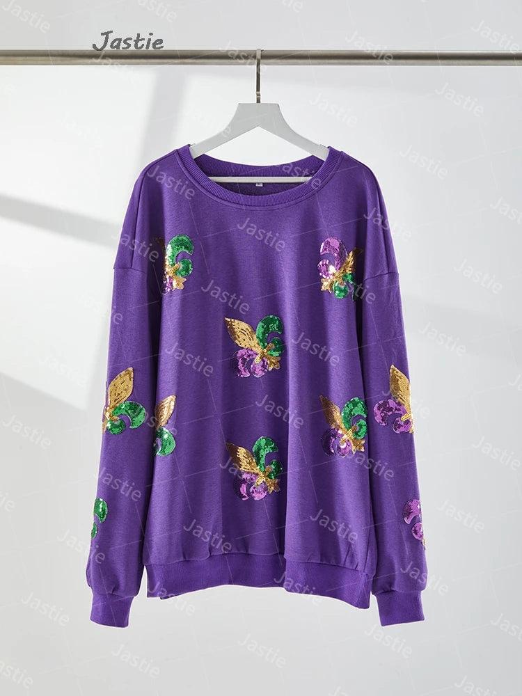 mardi gras sequin crew sweater - basil boutique