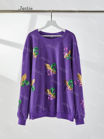 mardi gras sequin crew sweater - basil boutique