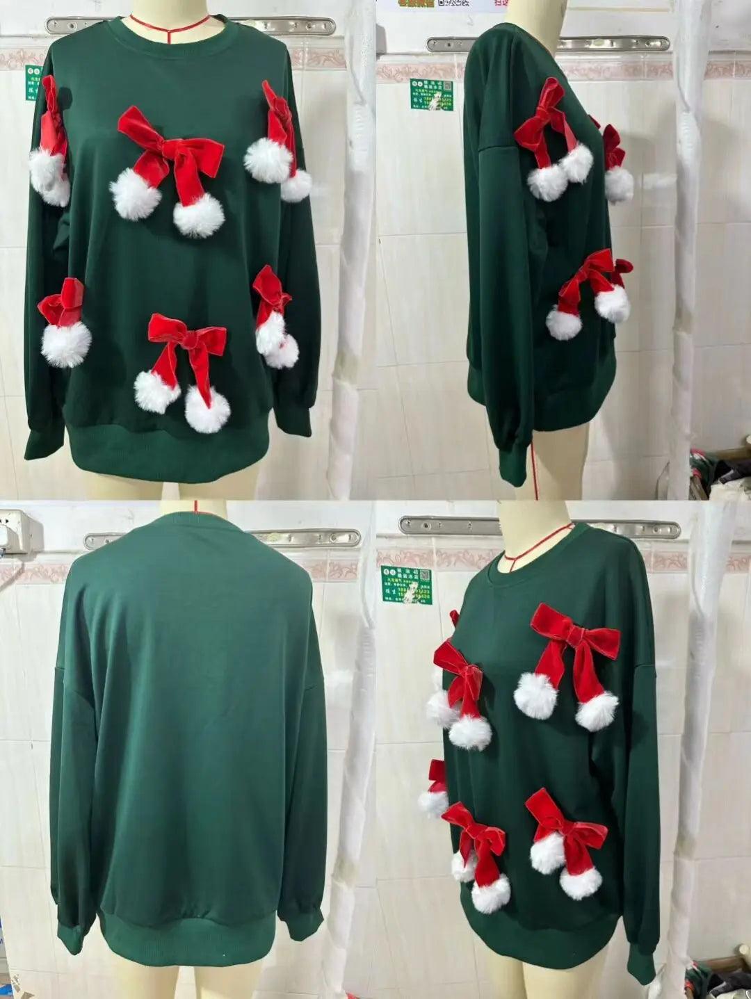 bows + poms holiday crew sweater - basil boutique