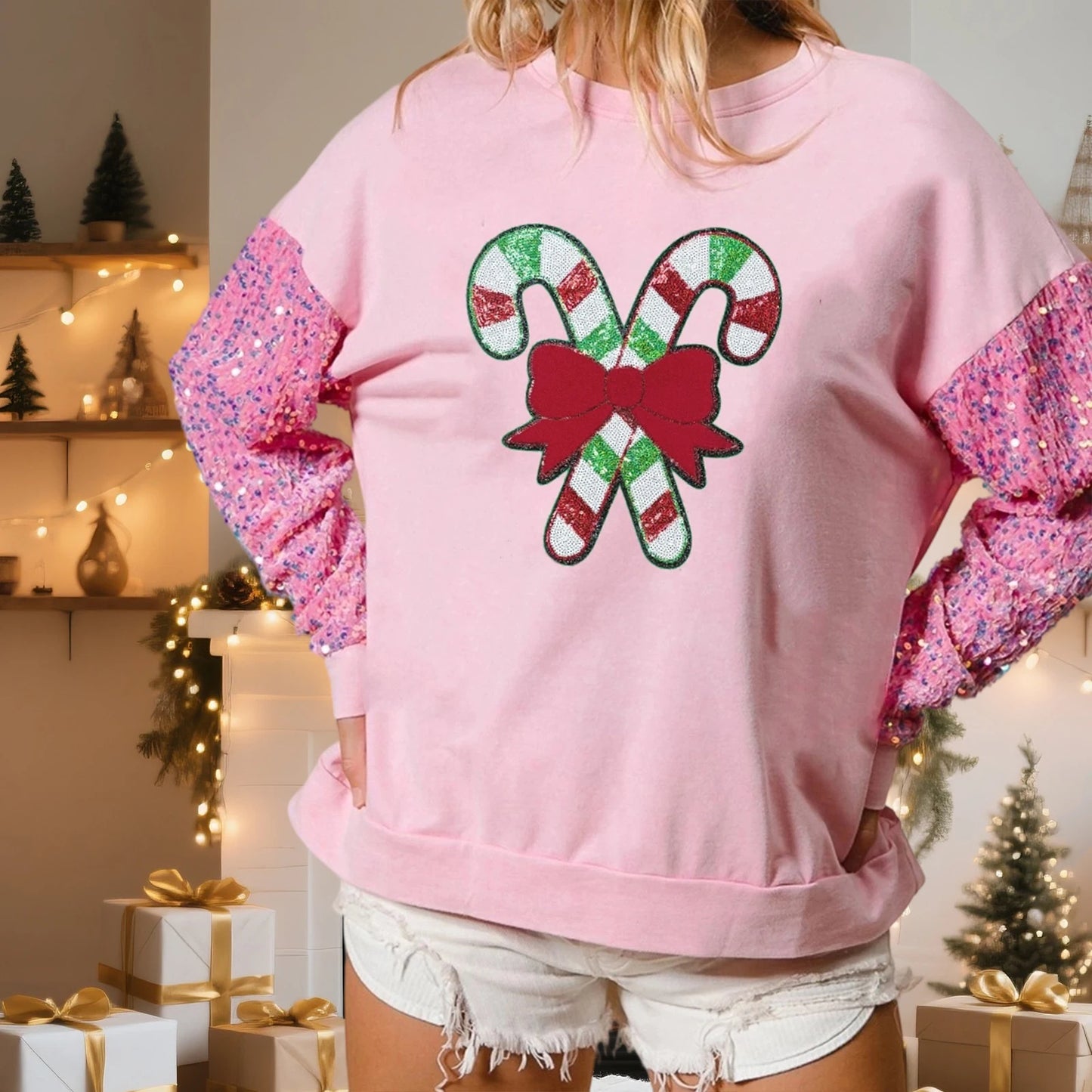 candy cane lane sequin crew sweater