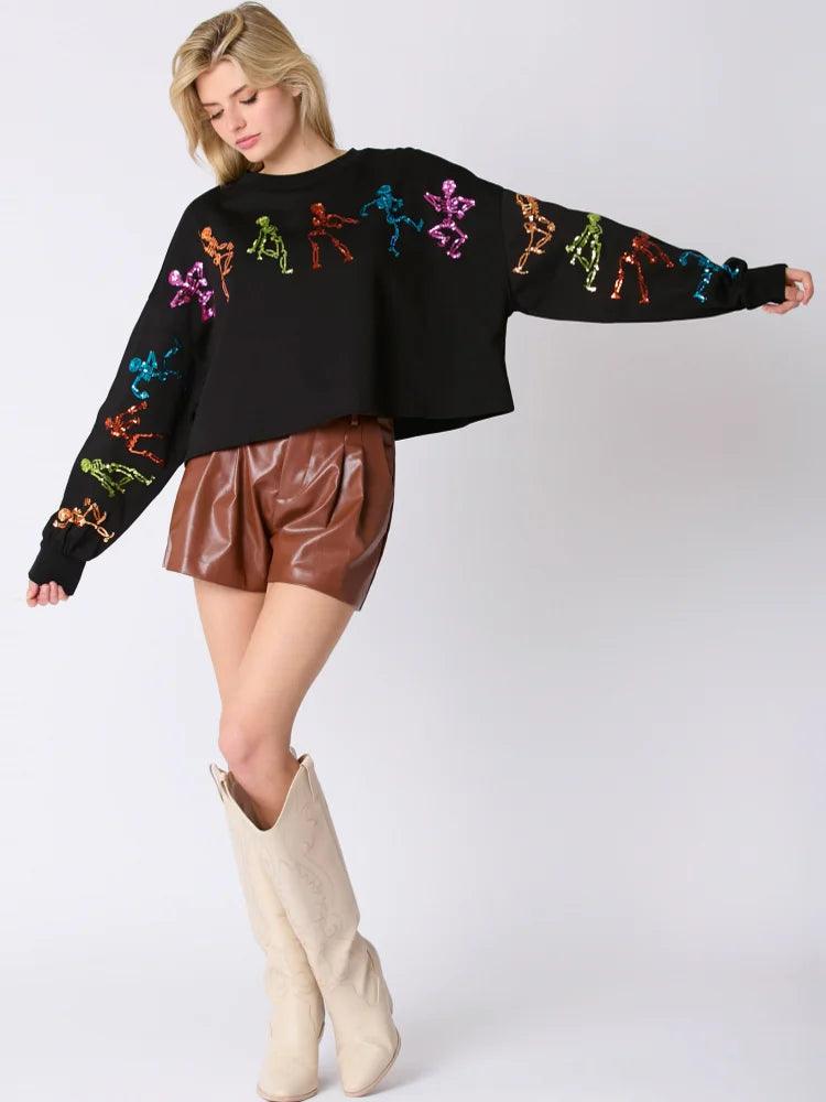 skeleton dance sequin cropped sweater