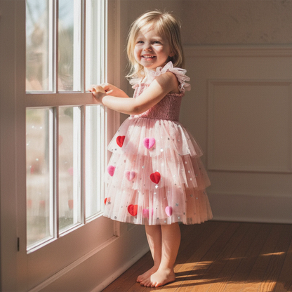 3D heart ruffle sleeve tulle kids dress