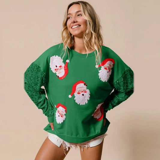 santa claus sequin sleeve crew sweater - basil boutique