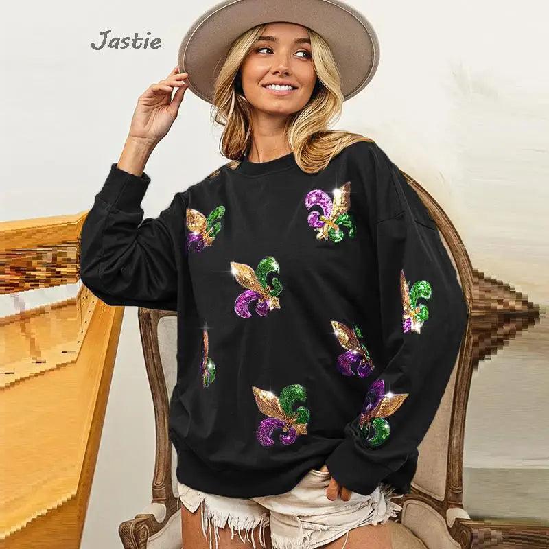 mardi gras sequin crew sweater - basil boutique