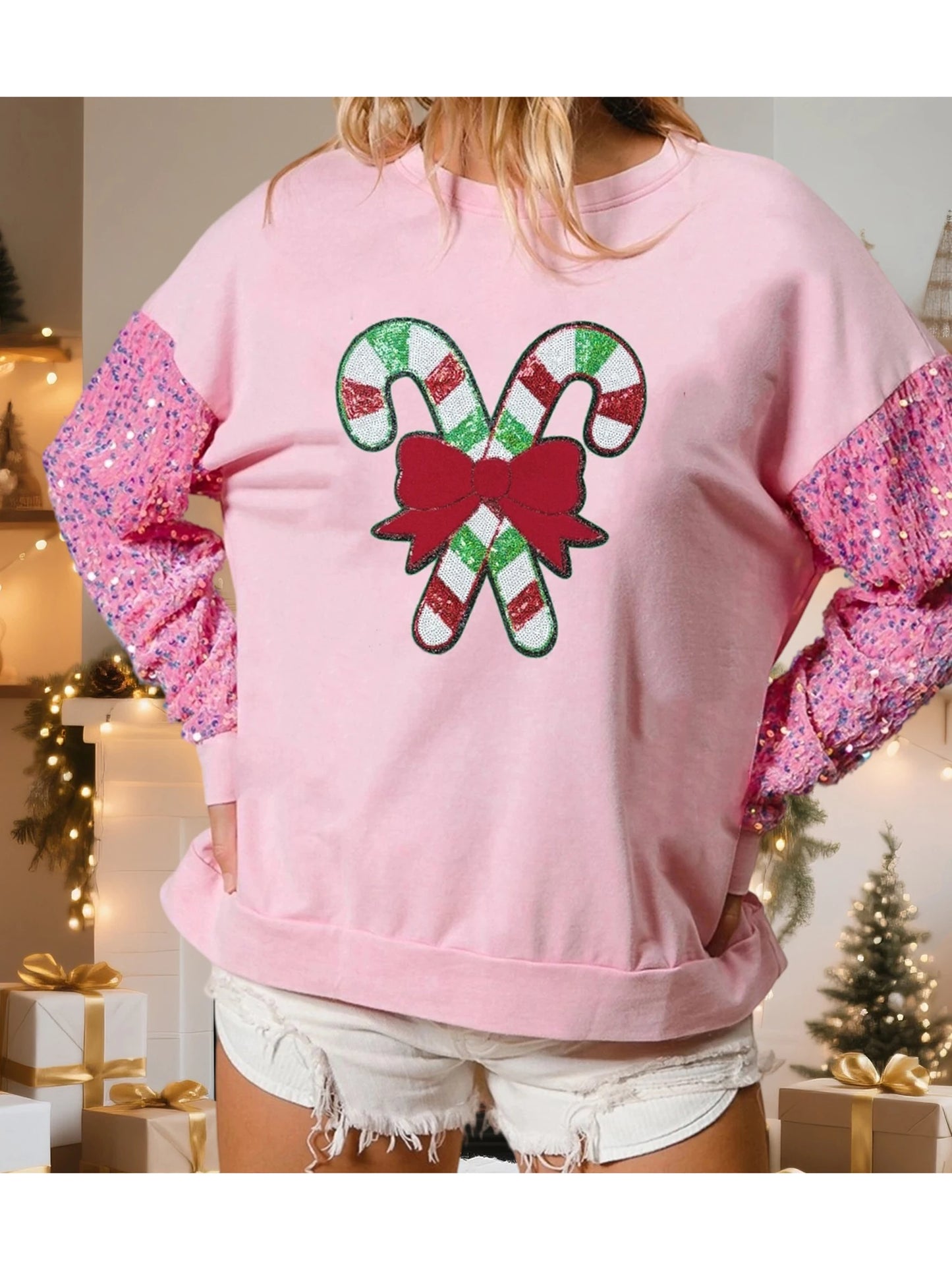 candy cane lane sequin crew sweater