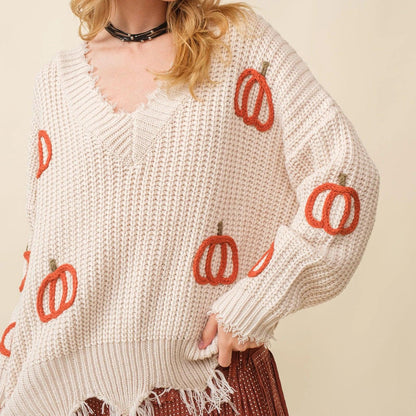 pumpkin distressed knit crew sweater - basil boutique