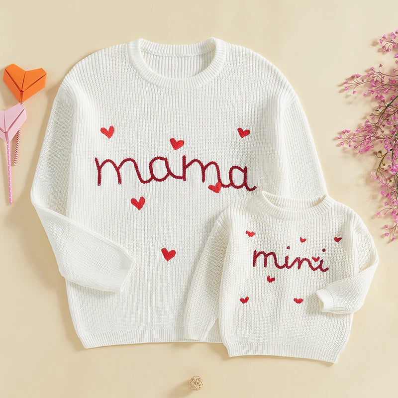 mama + mini matching knit heart crew sweaters
