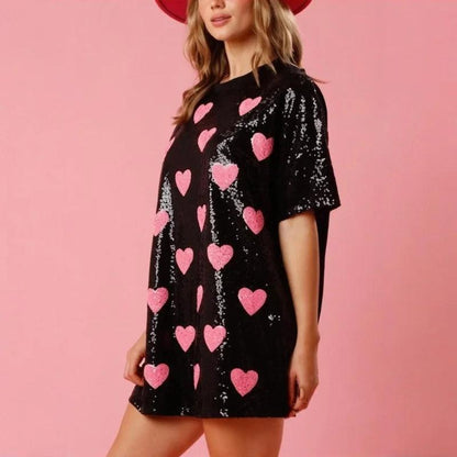 Xingqing y2k Party Dress Women Valentines Day Sequins Heart Print Round Neck Half Sleeve Short Mini Dress Fashion Club Dresses