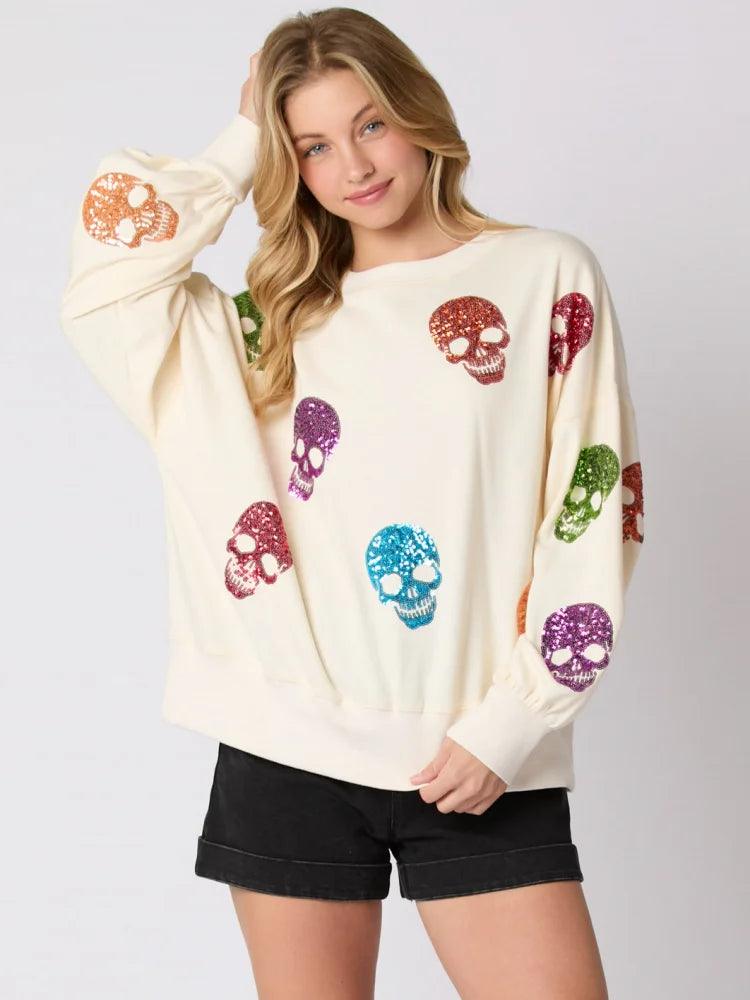 skull sequin crew sweater - basil boutique