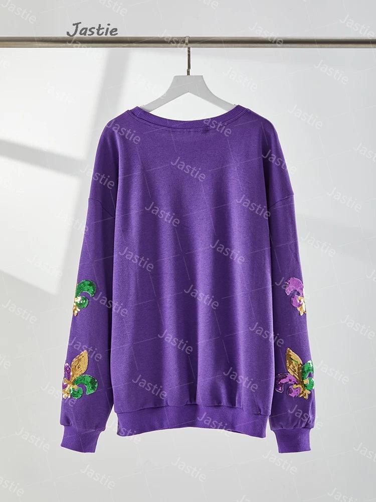 mardi gras sequin crew sweater - basil boutique