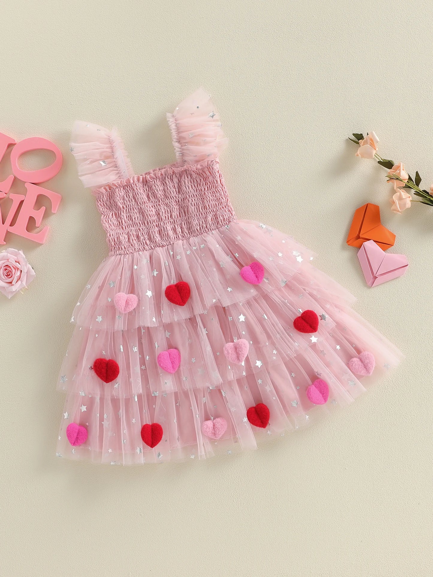 3D heart ruffle sleeve tulle kids dress