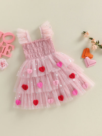 3D heart ruffle sleeve tulle kids dress