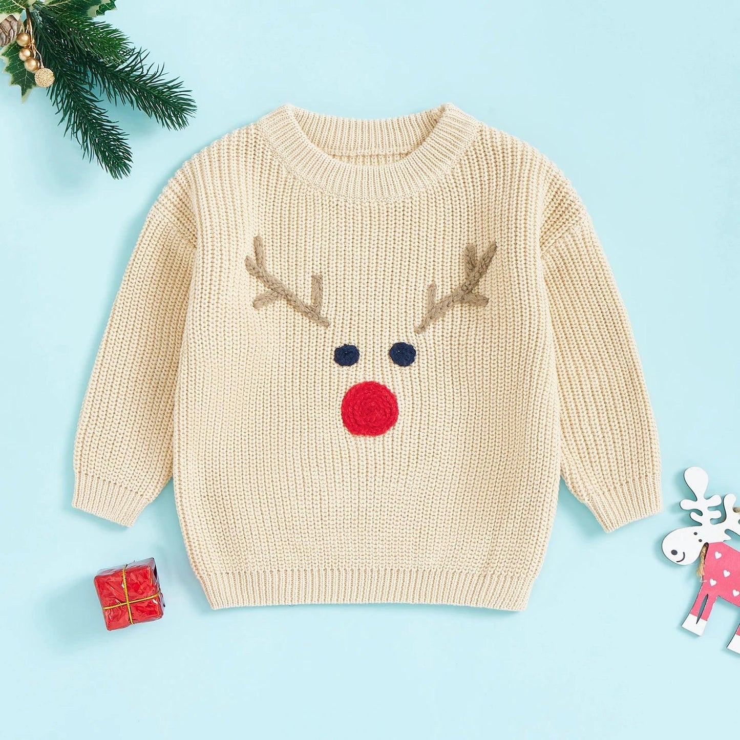 reindeer knit kid crew sweater - basil boutique