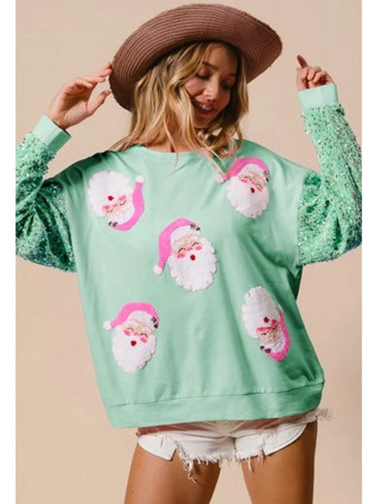 santa claus sequin sleeve crew sweater - basil boutique