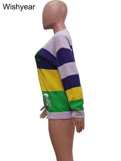 mardi gras striped sequin crew sweater - basil boutique