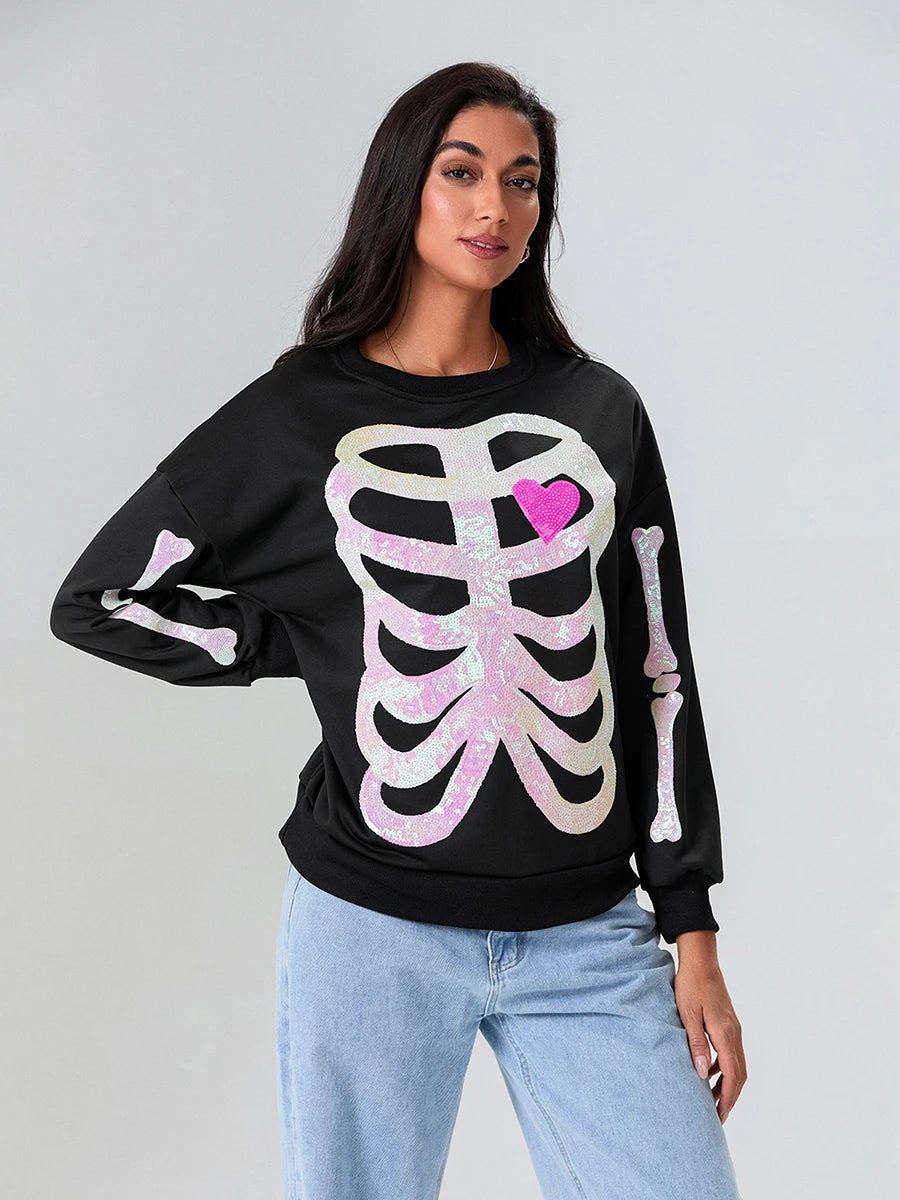 skeleton bones sequin crew sweater - basil boutique