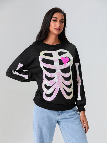 skeleton bones sequin crew sweater - basil boutique