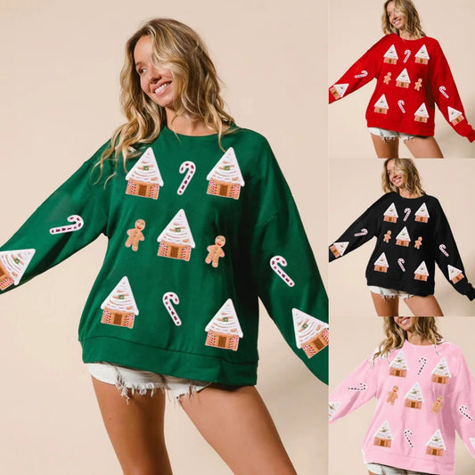 gingerbread house sequin crew sweater - basil boutique