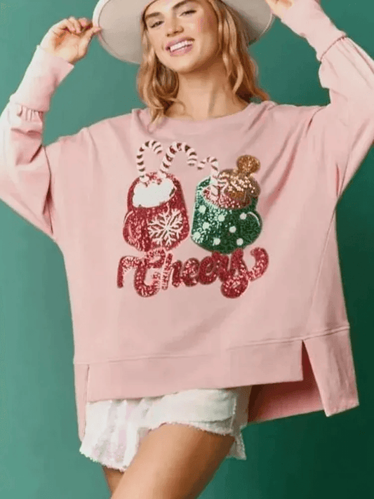 cheers holiday sequin crew sweater - basil boutique