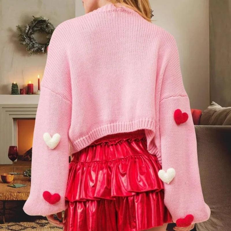 Xingqing y2k Sweater Women Valentines Day Clothes 3D Heart Print Single Breasted Long Sleeve Knitted Cardigan Tops Streetwear