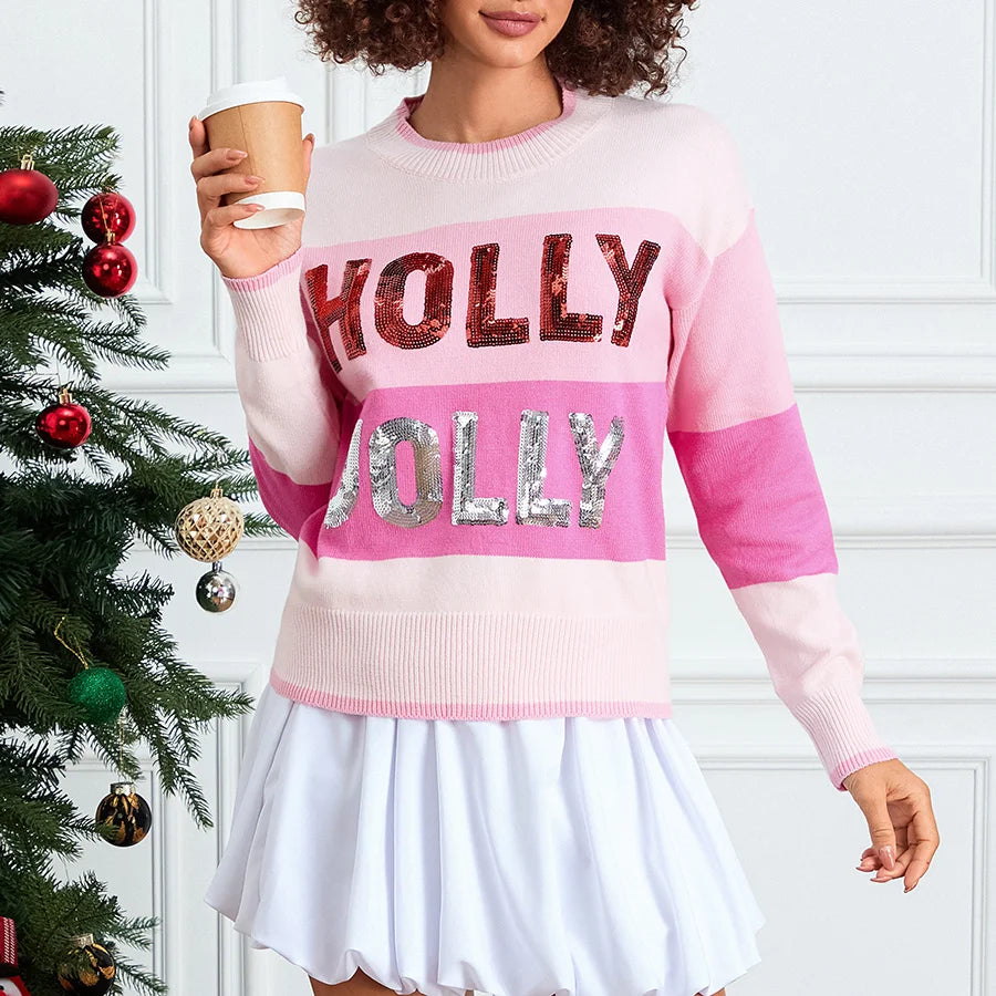 holly jolly sequin striped crew sweater