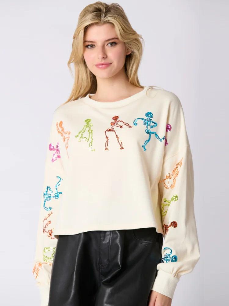 skeleton dance sequin cropped sweater