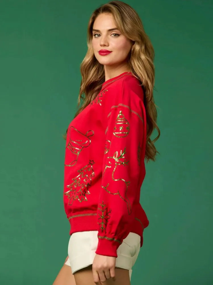 santa's reindeer sequin crew sweater