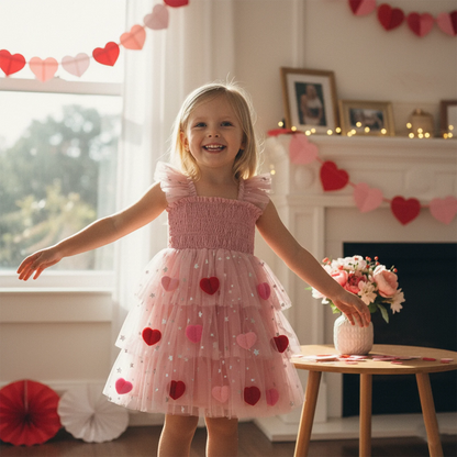 3D heart ruffle sleeve tulle kids dress