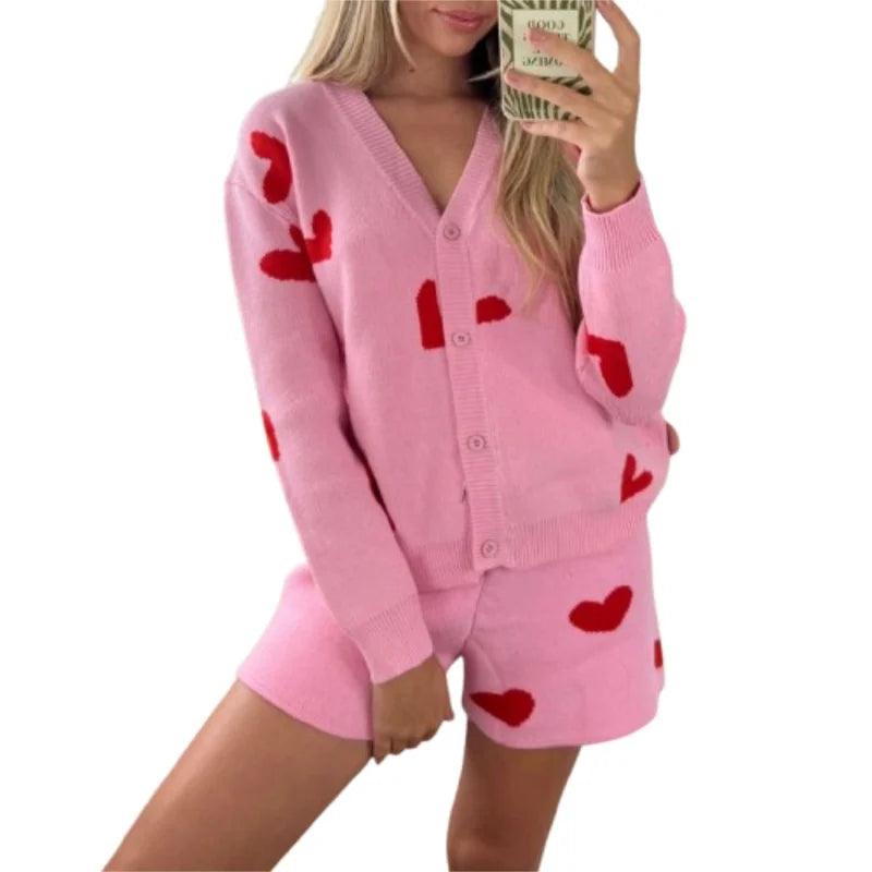 Xingqing Women Knitted Set y2k Clothes Heart Print V Neck Long Sleeve Cardigan Tops and Shorts Valentines Day Outfit Streetwear