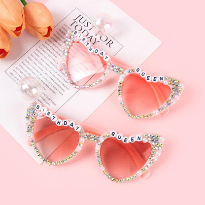 birthday queen pink rhinestone heart sunglasses - basil boutique