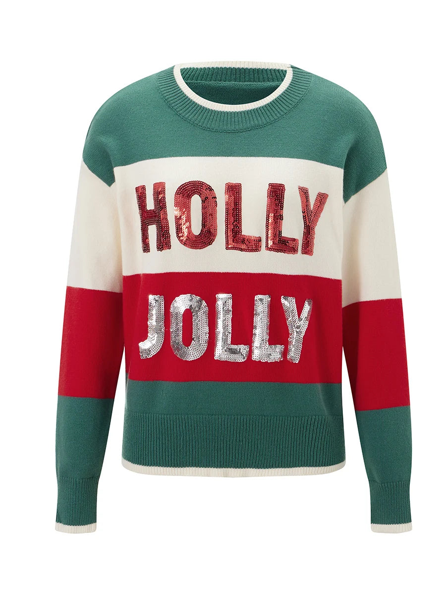holly jolly sequin striped crew sweater
