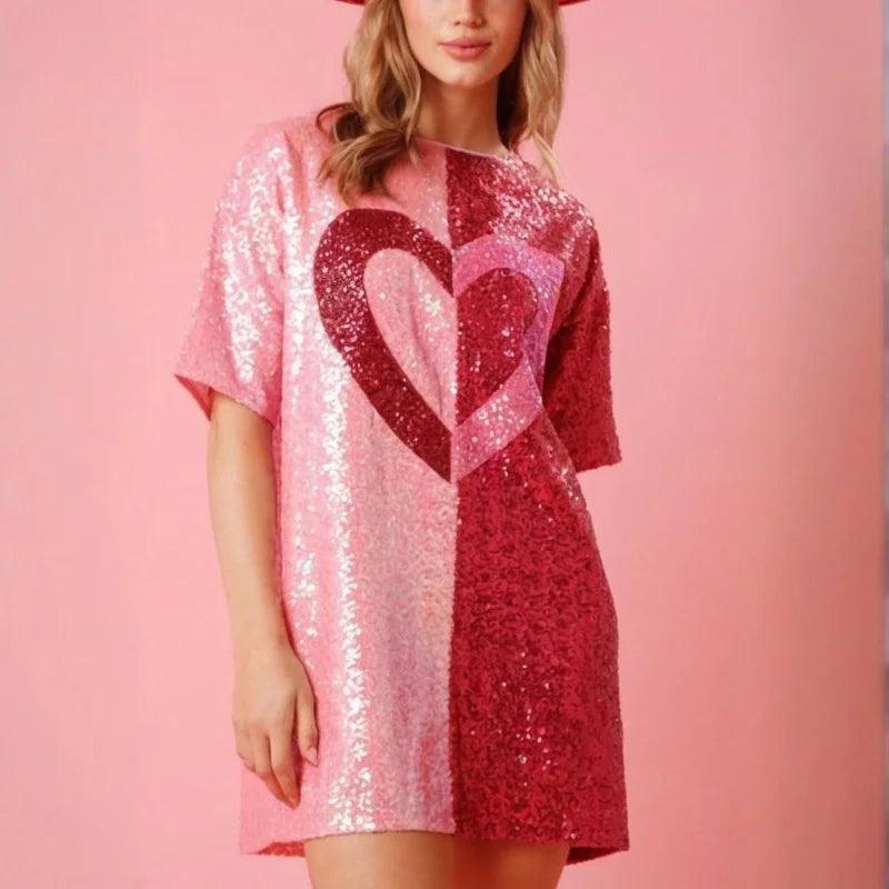 Xingqing y2k Party Dress Women Valentines Day Sequins Heart Print Round Neck Half Sleeve Short Mini Dress Fashion Club Dresses