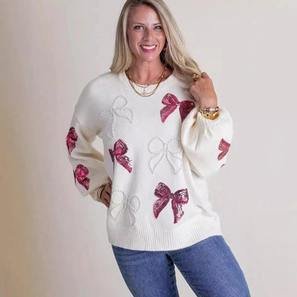 bow pearl + sequin crew sweater - basil boutique