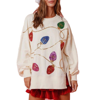 holiday lights sequin crew sweater - basil boutique