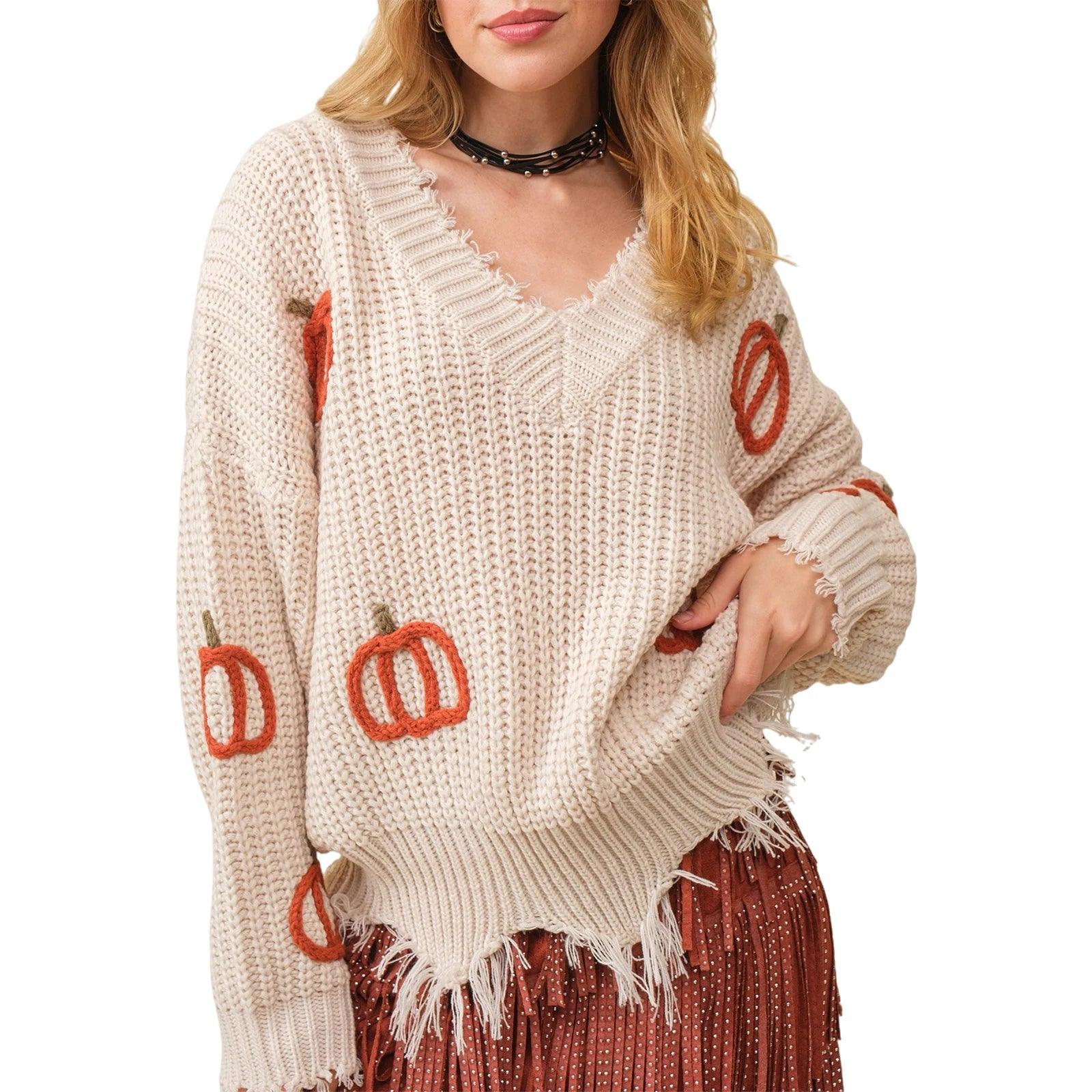 pumpkin distressed knit crew sweater - basil boutique