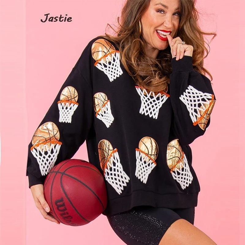 basketball hot shot sequin crew sweatshirt - basil boutique