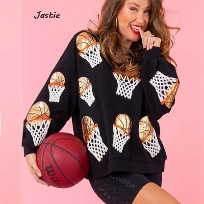 basketball hot shot sequin crew sweater - basil boutique