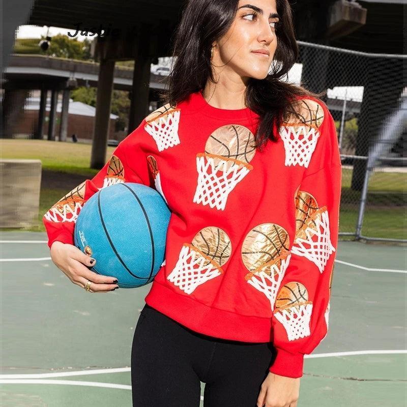 basketball hot shot sequin crew sweatshirt - basil boutique