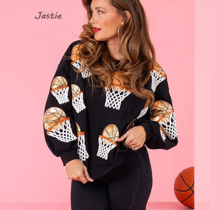 basketball hot shot sequin crew sweater - basil boutique